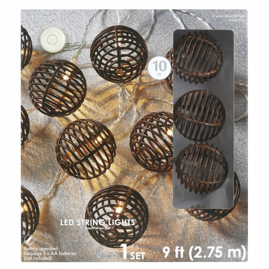 Home & Decor * | Wholesale 10Ct. Warm White Led Faux Rattan Ball String Lights By Ashland