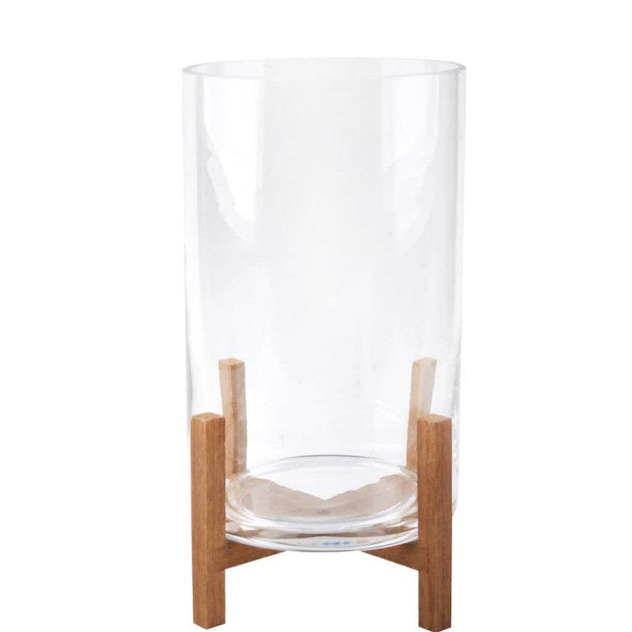 Home & Decor * | Budget Glass Candle Holder With Wood Base By Ashland Brown/Clear