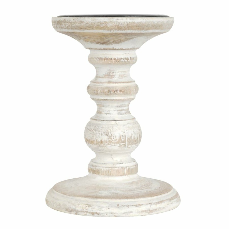 Home & Decor * | Cheap Washed Wood Carved Pillar Candle Holder By Ashland White