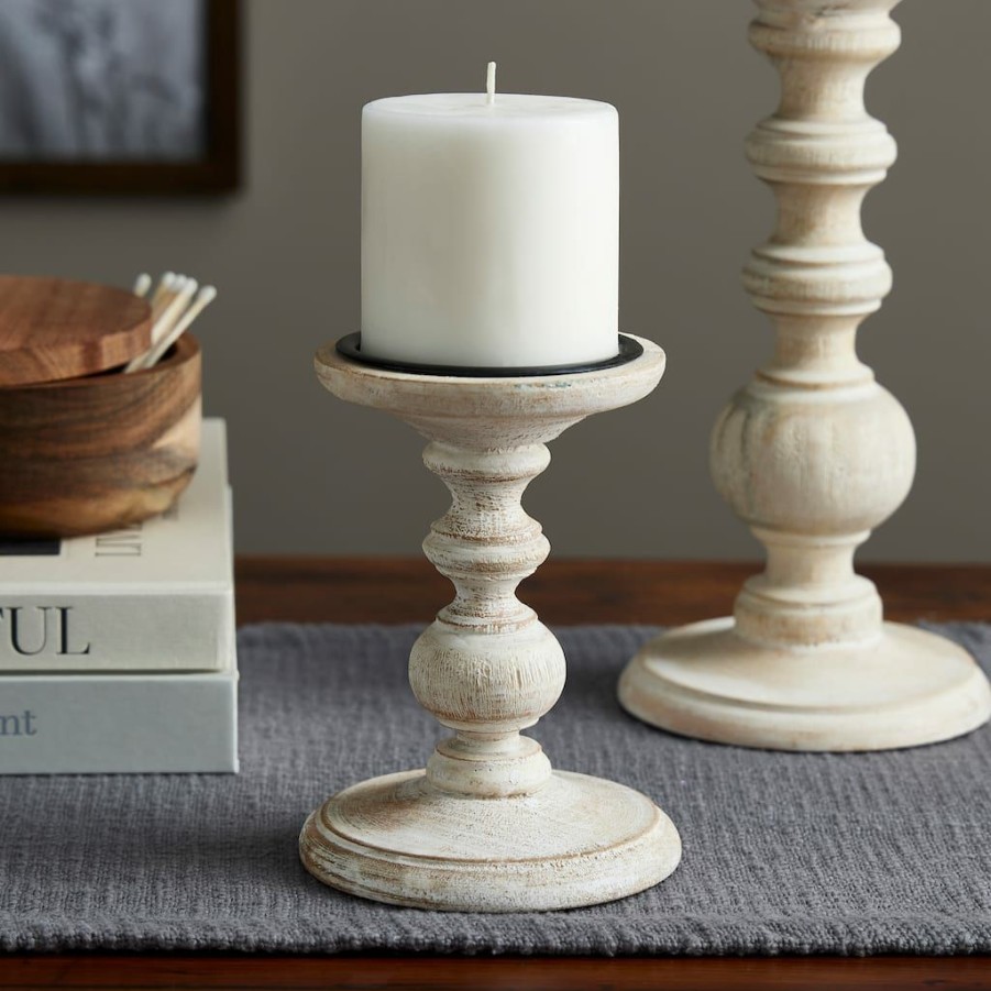 Home & Decor * | Cheap Washed Wood Carved Pillar Candle Holder By Ashland White