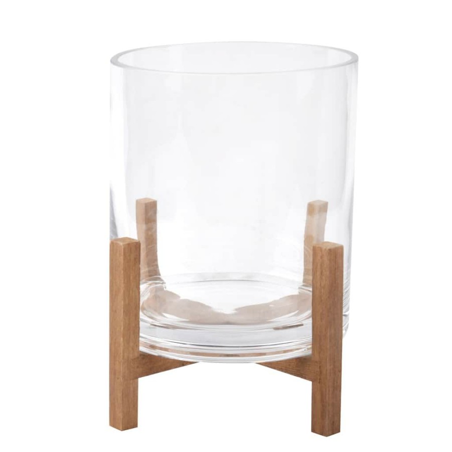 Home & Decor * | Discount Glass Candle Holder With Wood Base By Ashland Brown/Clear