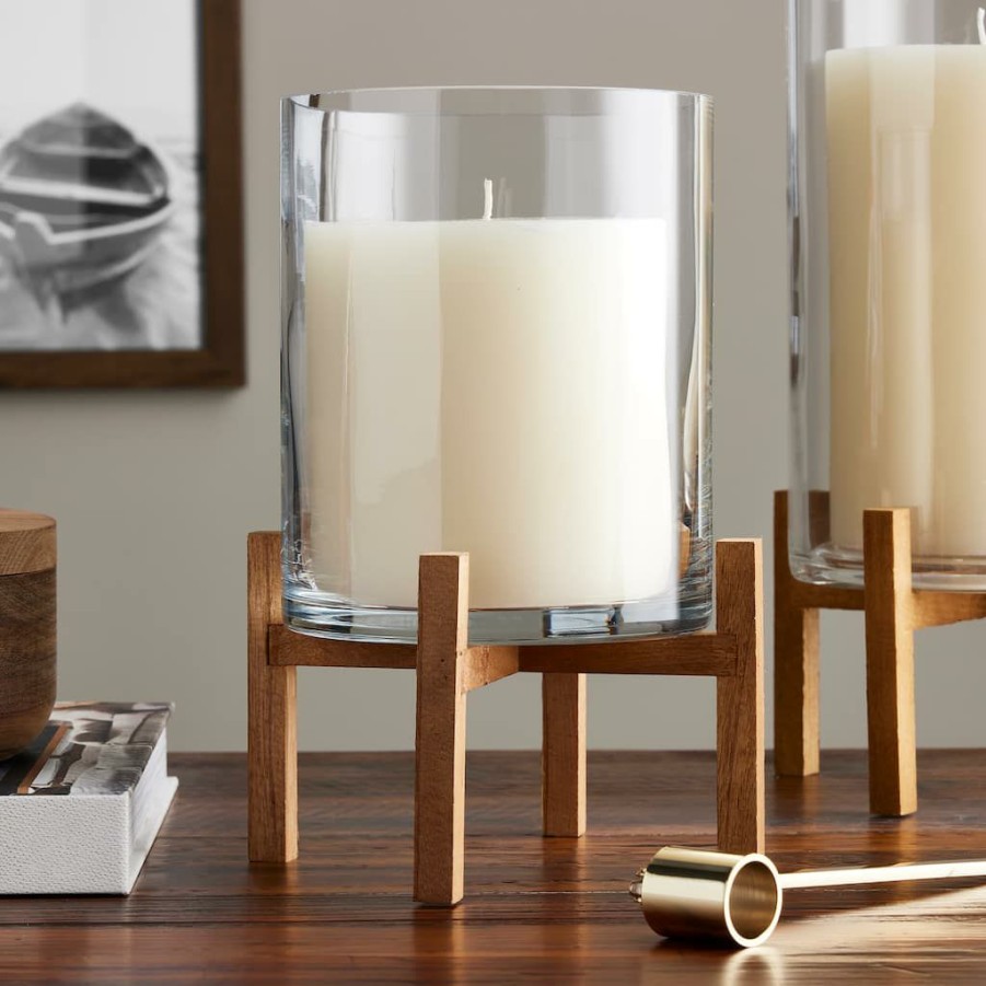 Home & Decor * | Discount Glass Candle Holder With Wood Base By Ashland Brown/Clear