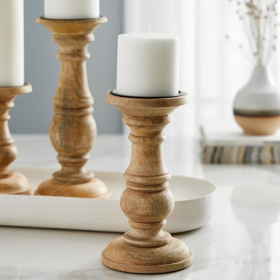 Home & Decor * | Wholesale Wood Carved Pillar Candle Holder By Ashland Brown