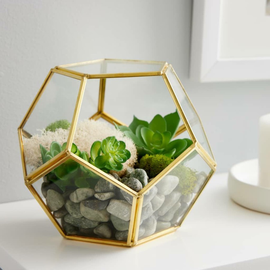 Floral * | Wholesale Gold Octagon Glass Terrarium By Ashland