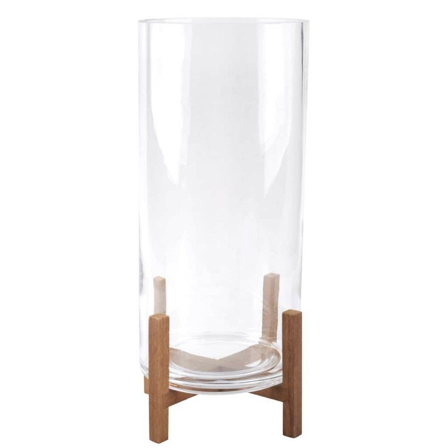 Home & Decor * | Flash Sale Glass Candle Holder With Wood Base By Ashland Brown/Clear