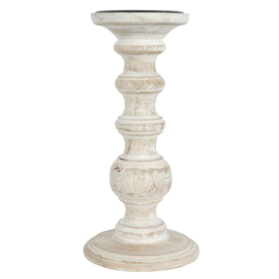 Home & Decor * | Buy Washed Wood Carved Pillar Candle Holder By Ashland White