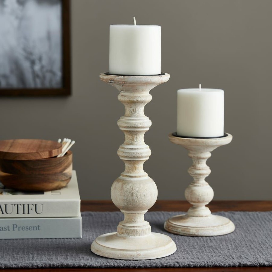 Home & Decor * | Buy Washed Wood Carved Pillar Candle Holder By Ashland White