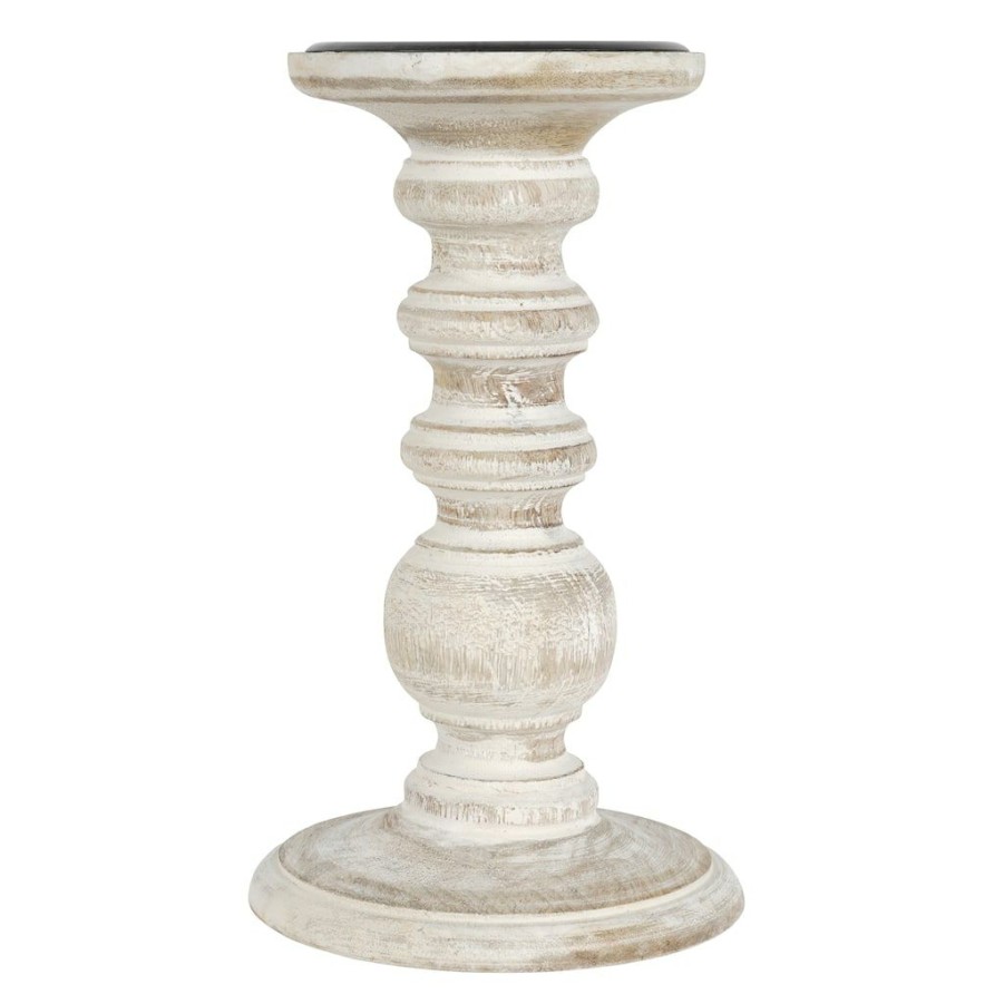 Home & Decor * | Deals Washed Wood Carved Pillar Candle Holder By Ashland White