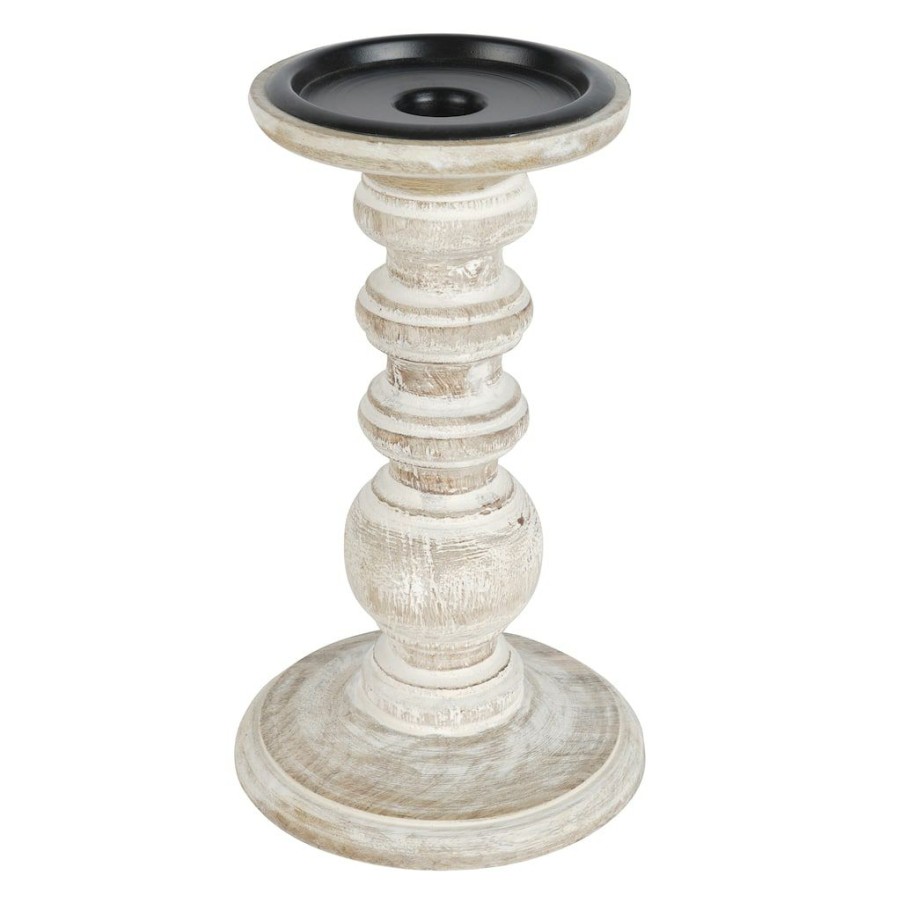 Home & Decor * | Deals Washed Wood Carved Pillar Candle Holder By Ashland White