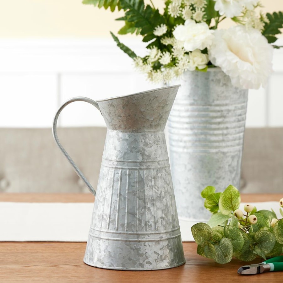 Floral * | Hot Sale 10 Whitewashed Galvanized Metal Pitcher By Ashland