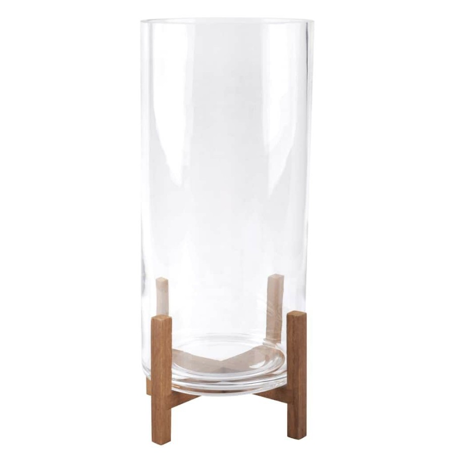 Home & Decor * | Outlet Glass Candle Holder With Wood Base By Ashland Brown/Clear